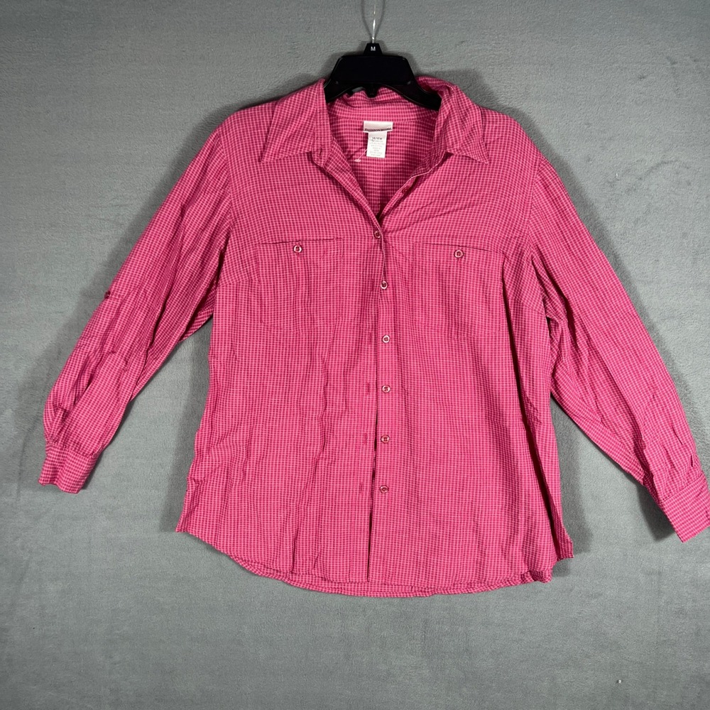 Fashion Bug Womens Shirt 14/16W Pink Checkered Button Up Long Sleeve Pocket Top
